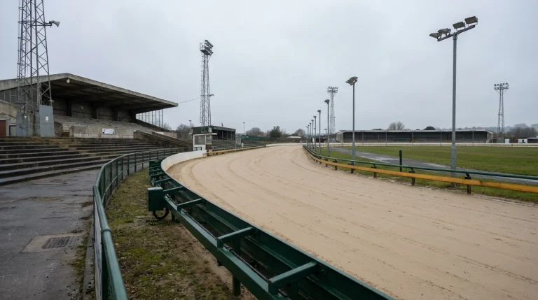 Daytime BAGS greyhound meeting at a UK track with empty stands and floodlights off
