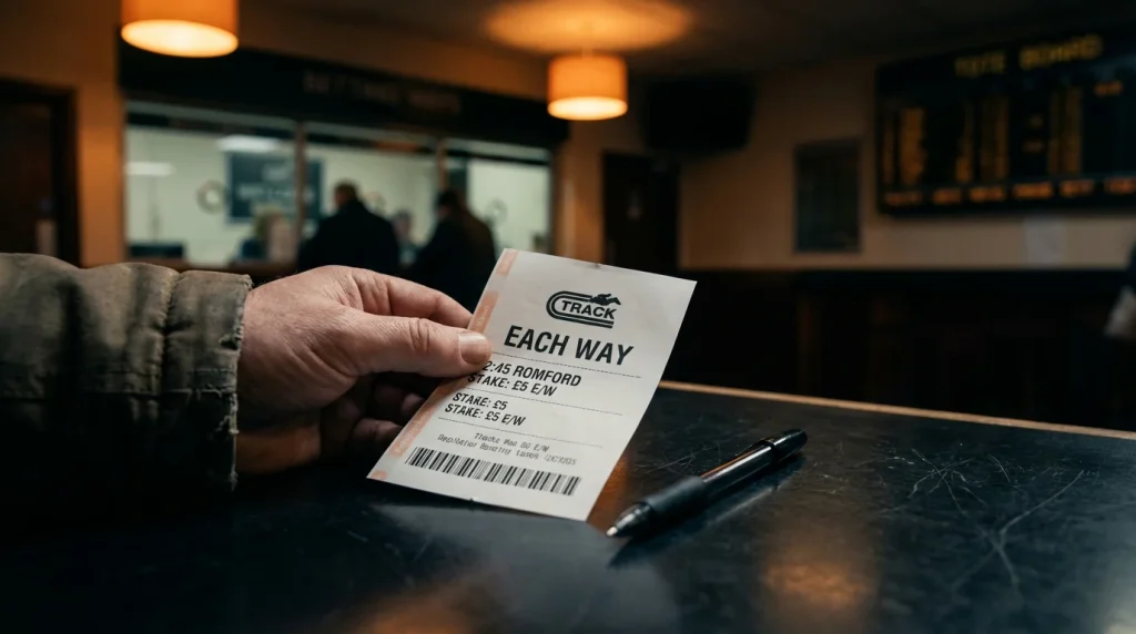 Betting slip showing each way greyhound bet with place terms for a six-runner race