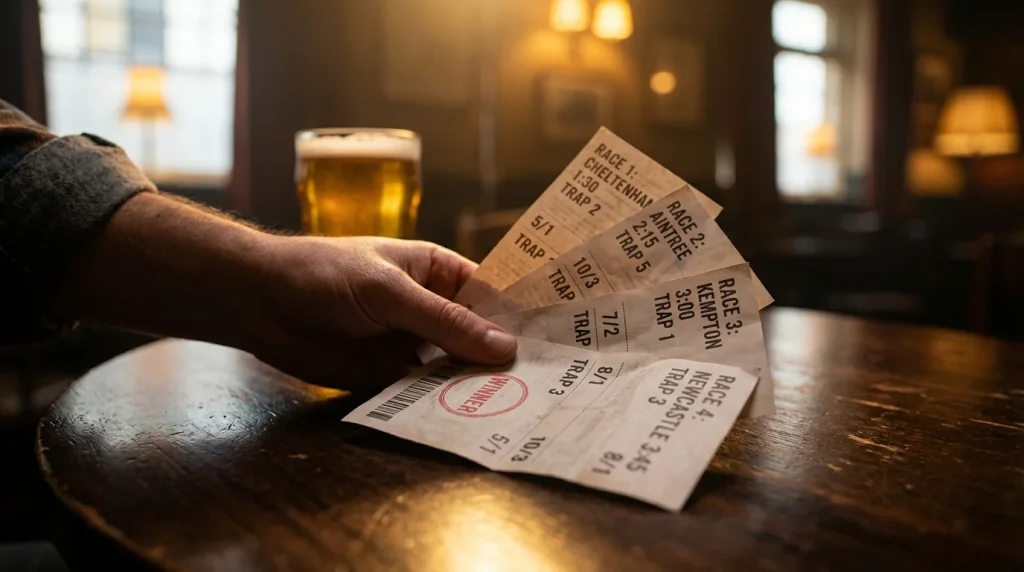 Greyhound accumulator betting slip showing multiple selections across different races