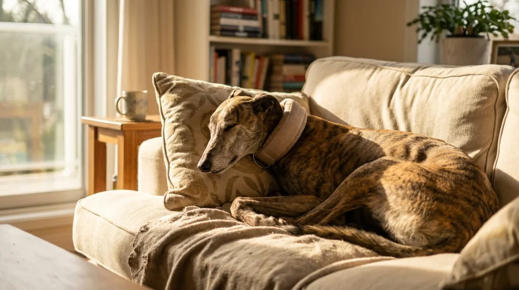 Retired racing greyhound in a UK adoption centre waiting for a new home