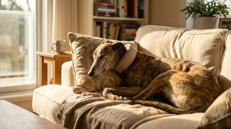 Retired racing greyhound in a UK adoption centre waiting for a new home