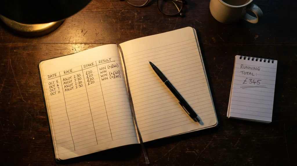 Betting bankroll management notebook showing staking plan and profit tracking