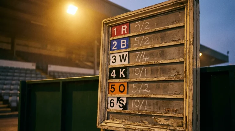 Bookmaker odds board for greyhound racing with coloured trap numbers at a UK track