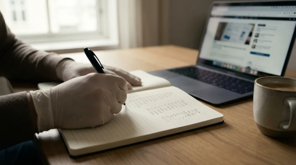 Person studying greyhound form data in a notebook with a pen beside a laptop at a desk