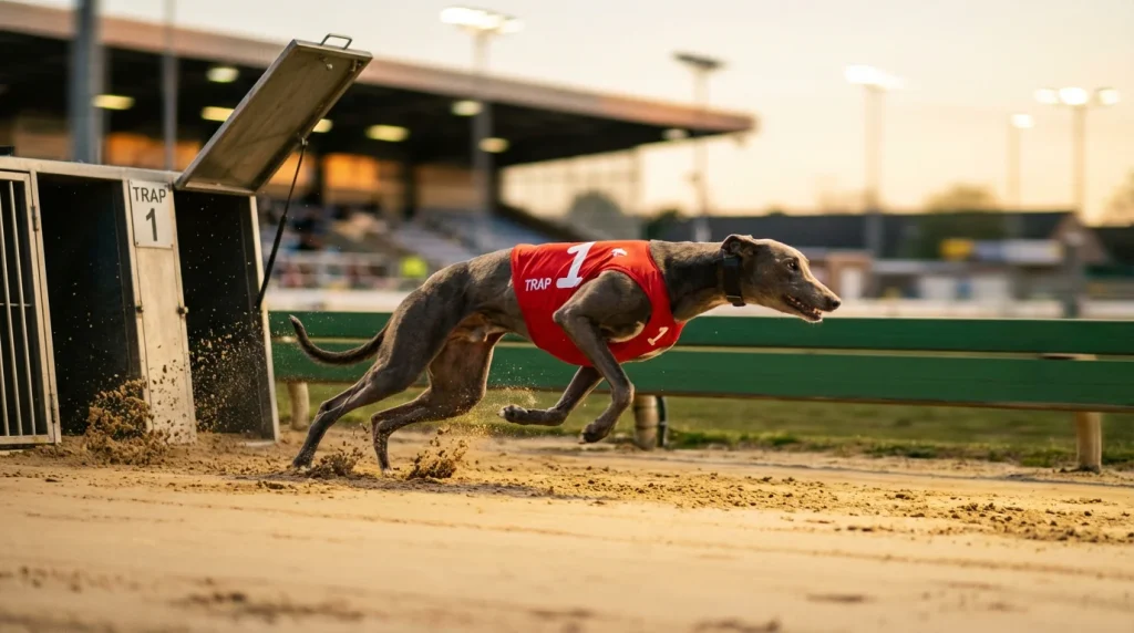 Greyhound leading the field at the first bend of a UK track