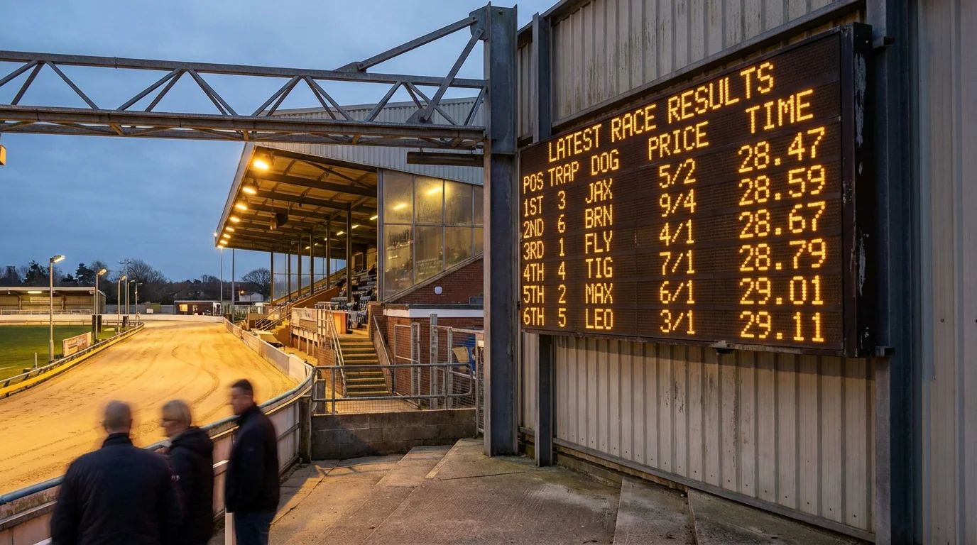 Electronic greyhound results board displaying finishing positions starting prices and run times at a British track