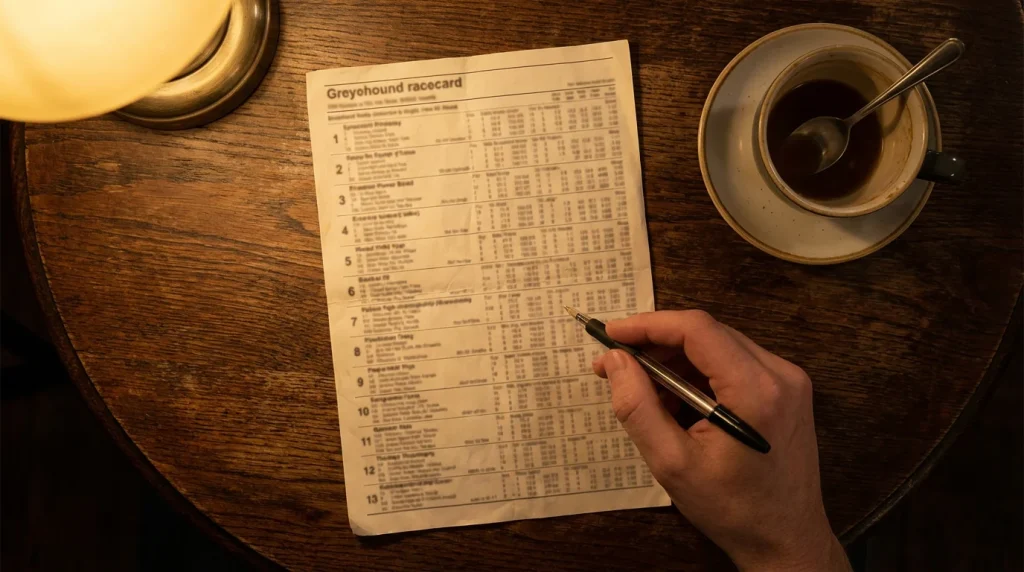 Greyhound racecard printout on a table with a pen marking form figures under warm stadium lighting