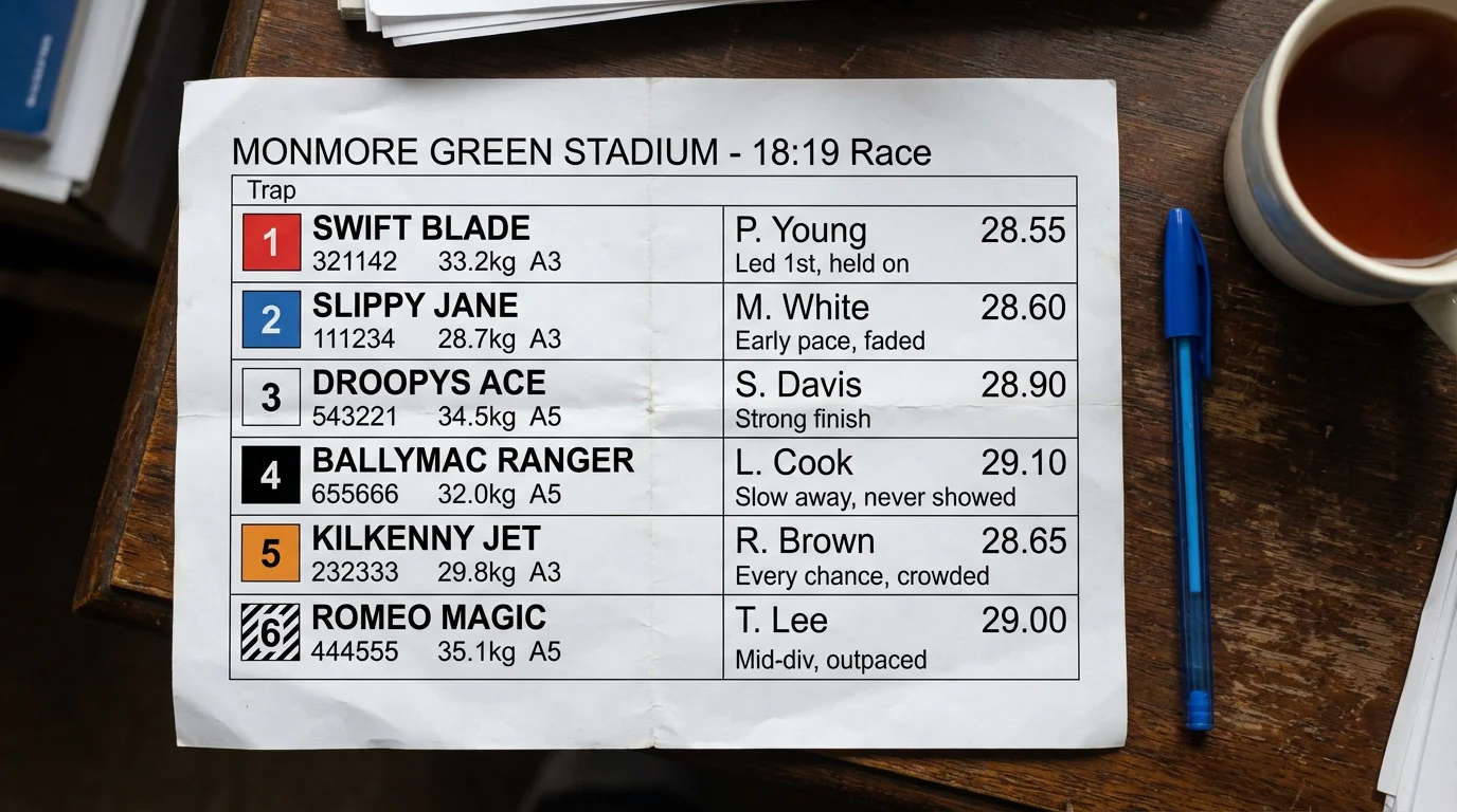 Printed UK greyhound racecard showing form figures trap numbers weights and race comments on a wooden table