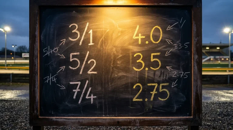 Greyhound racing odds displayed in fractional and decimal format on a betting board