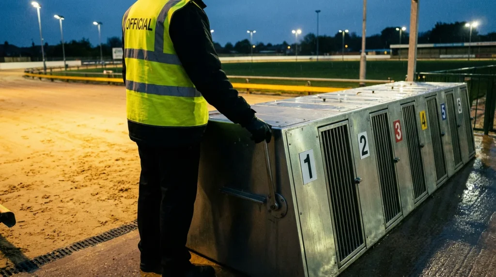 GBGB-regulated greyhound race with officials at the starting traps