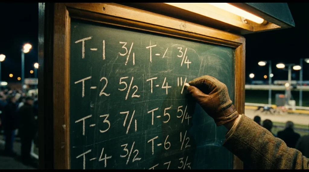 Greyhound racetrack odds board showing starting prices before the off