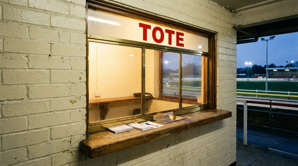 Greyhound tote betting counter at a UK track showing pool bet options