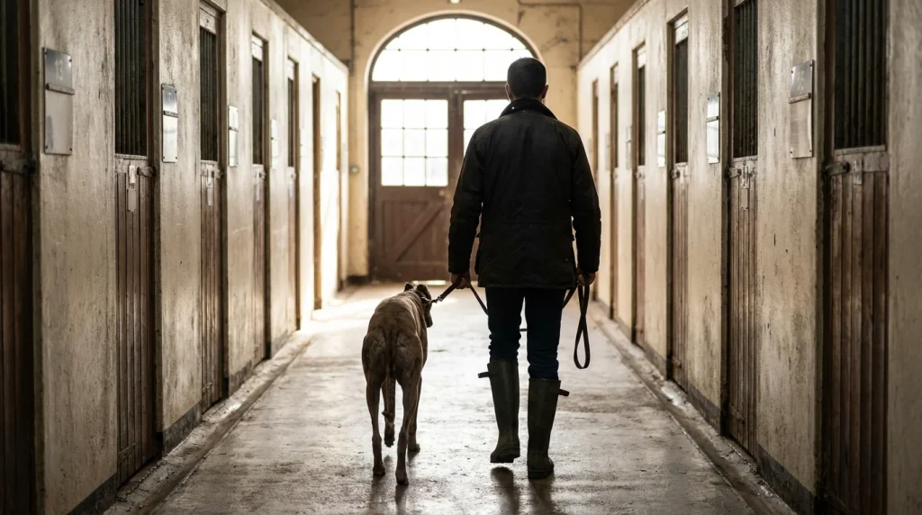 Greyhound trainer walking a dog at a UK racing kennel