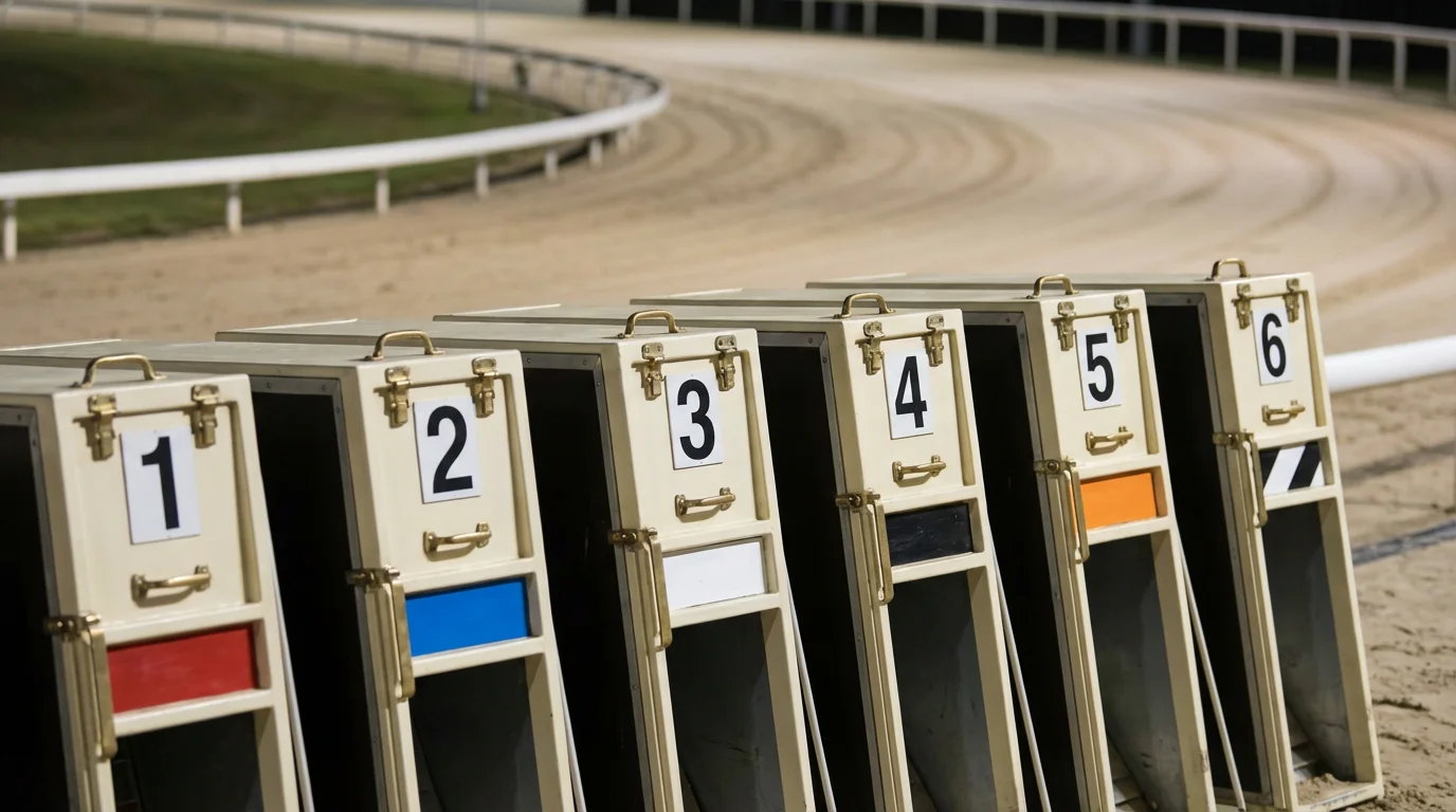 Six numbered greyhound starting traps with colour-coded racing jackets on a UK sand track