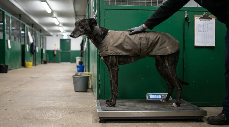 Greyhound being weighed before a race at a UK track