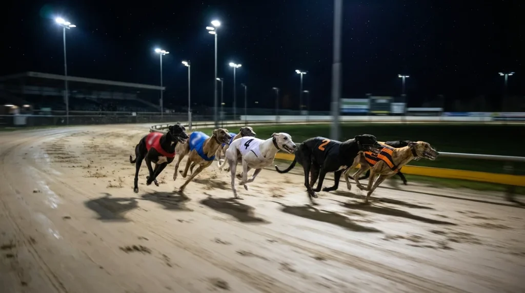 Greyhounds racing on a floodlit sand track at night with blurred motion and bright stadium lights