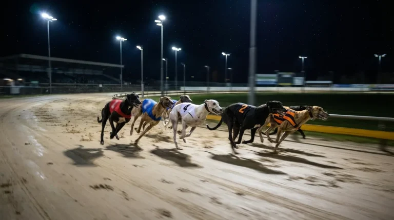 Greyhounds racing on a floodlit sand track at night with blurred motion and bright stadium lights