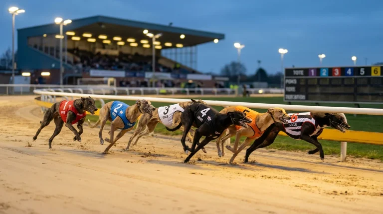Six greyhounds sprinting under floodlights at a UK sand track with starting traps and grandstand in the background
