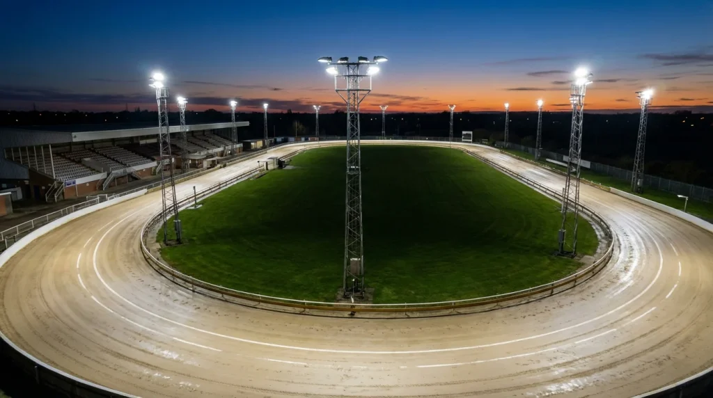 Aerial view of a UK greyhound racing track with sand surface and floodlights at dusk