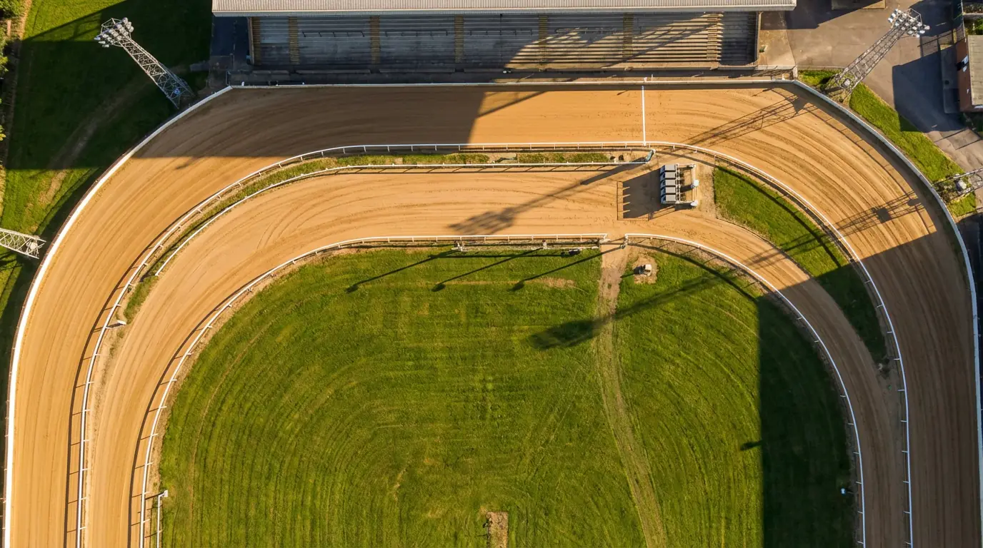 Aerial view of a UK greyhound racing track showing the tight first bend sand surface and running rail