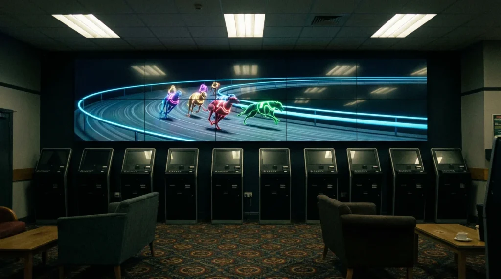 Virtual greyhound racing screen showing animated dogs racing on a digital track