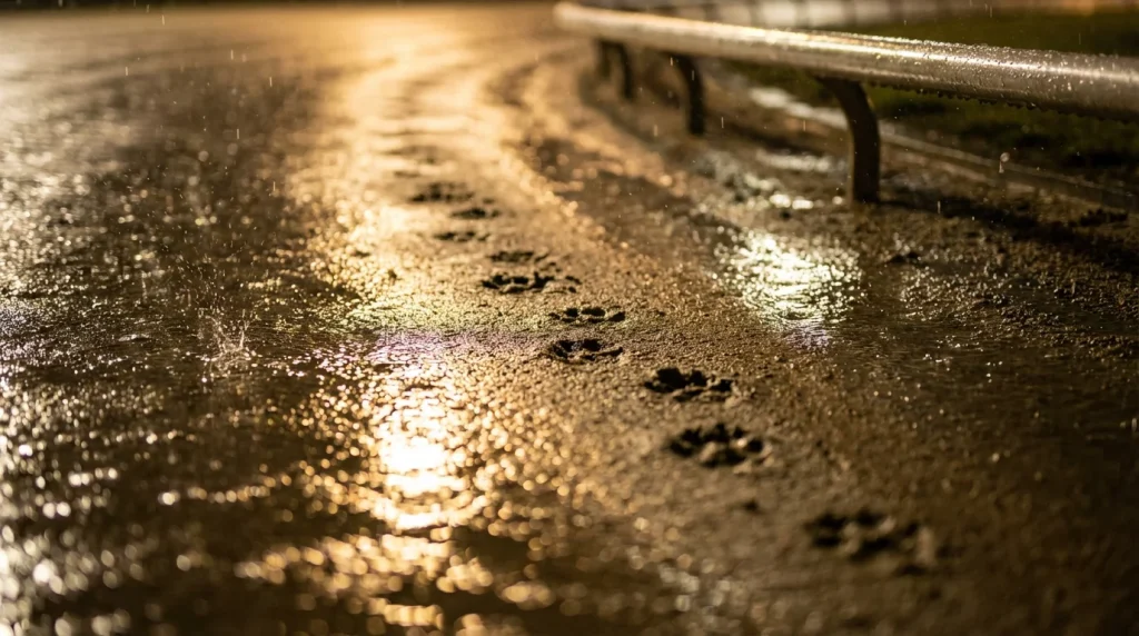 Greyhound track surface showing sand conditions under floodlights on a wet evening